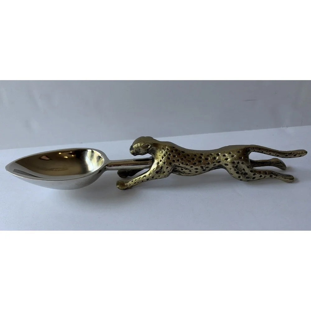 Cheetah Leopard Figural Serving Spoon Brass Handle Silver Bowl Safari Decor 10.5